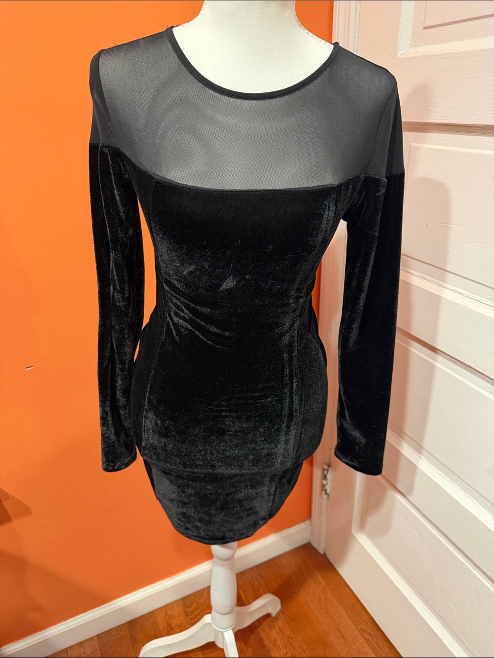 Black Velvet Long-Sleeve Sheer-Yoke Bodycon Dress